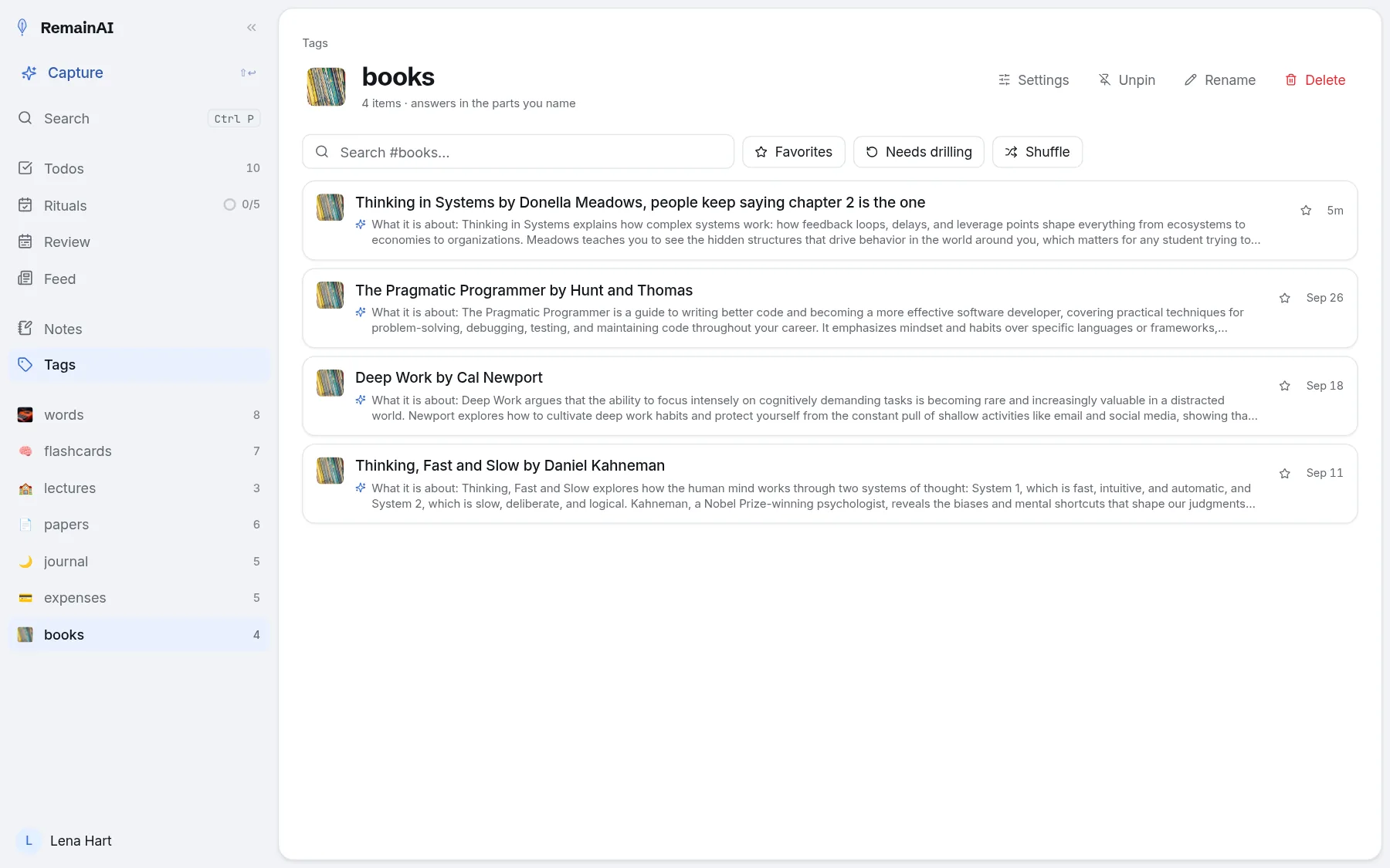 The #books tag page: every book captured there carries the summary its behavior wrote.