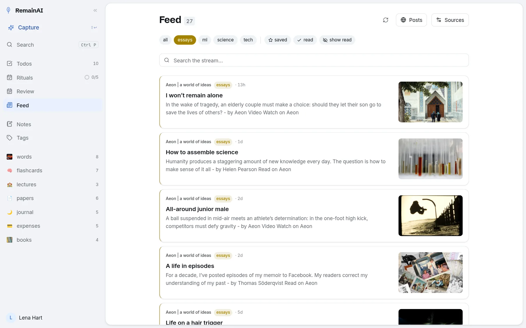 The feed, filtered to essays: articles with their pictures and a short description each.