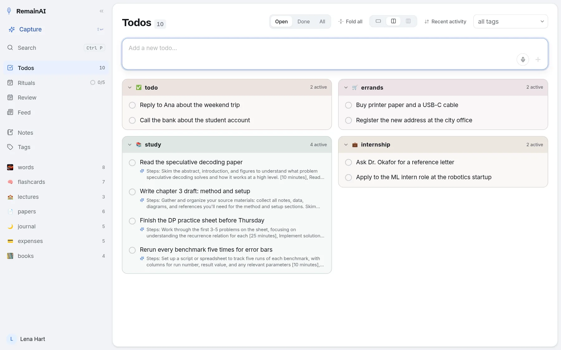 Todos grouped by tag: todo, errands, study and internship, with suggested steps under the study tasks.