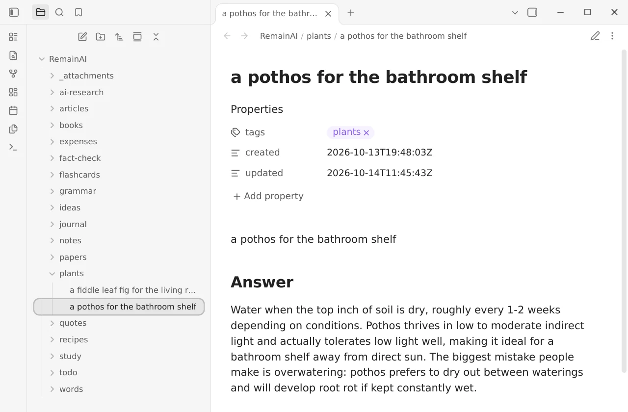 Obsidian with a RemainAI folder: a folder per tag, and the note about a pothos open with its plants tag and the answer under it.