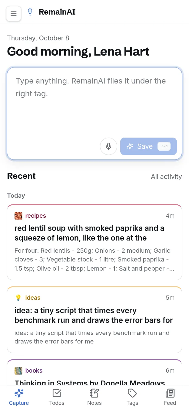 RemainAI on a phone, showing the capture box.