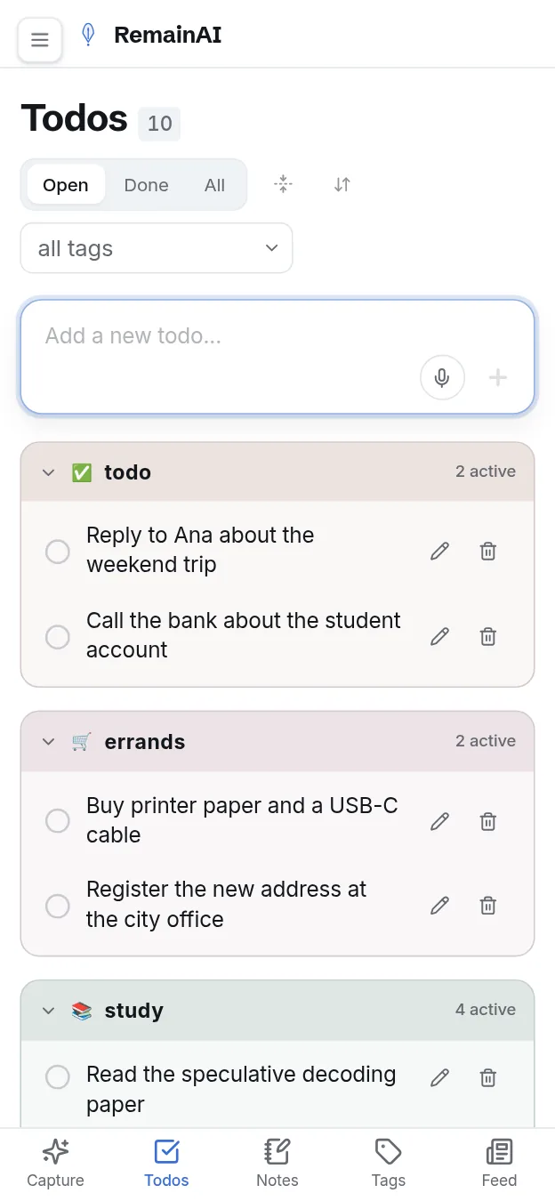 Todos on a phone, grouped by tag.